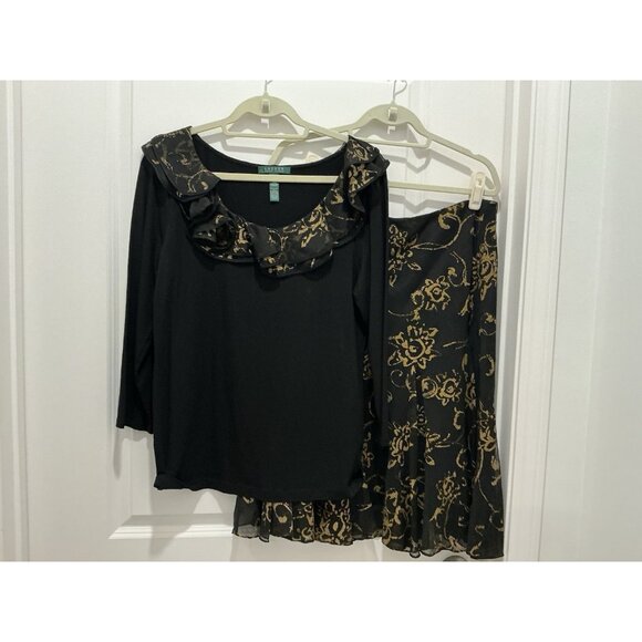 Lauren Ralph Lauren Skirt & Sweater Set Large Black Gold Rosettes - Picture 1 of 13